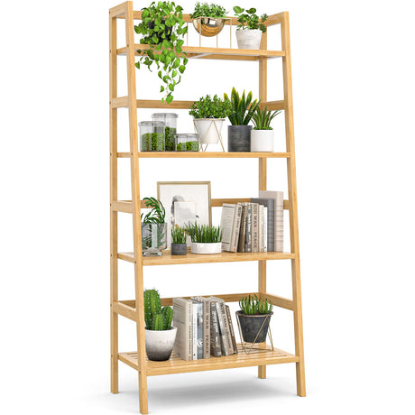Homykic 4-Tier Bamboo Ladder Shelf – Stylish Freestanding Bookcase for Storage and Display Homykic