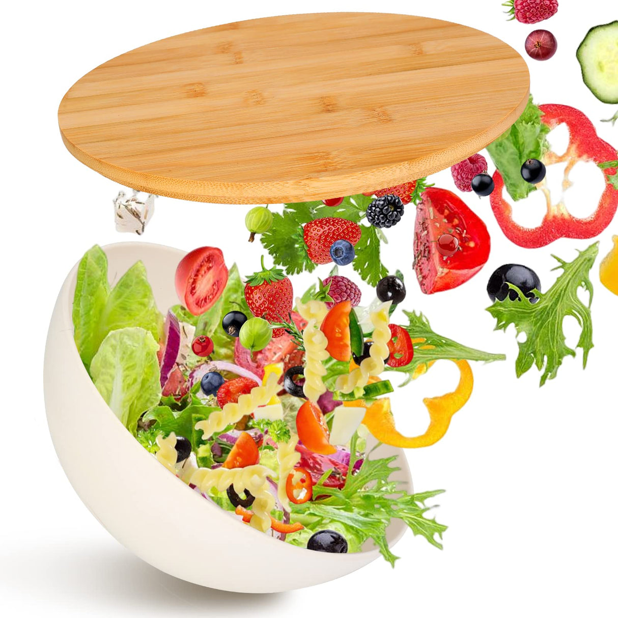 ShineMe Salad Bowl with Lid, Natural Bamboo Fiber Serving Bowls Set of 3 with Utensils & Lids, Mixing Bowls for Preparing, Storing and Serving for ShineMe