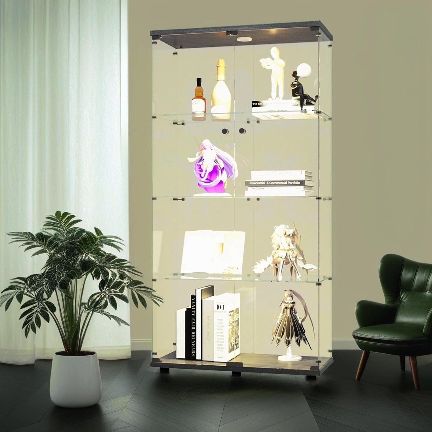 Zacis Glass Display Cabinet with Lights and Lock, 4-Tier Display Case Curio Cabinet with Glass Door, Floor Standing Showcase for Living Room Bedroom