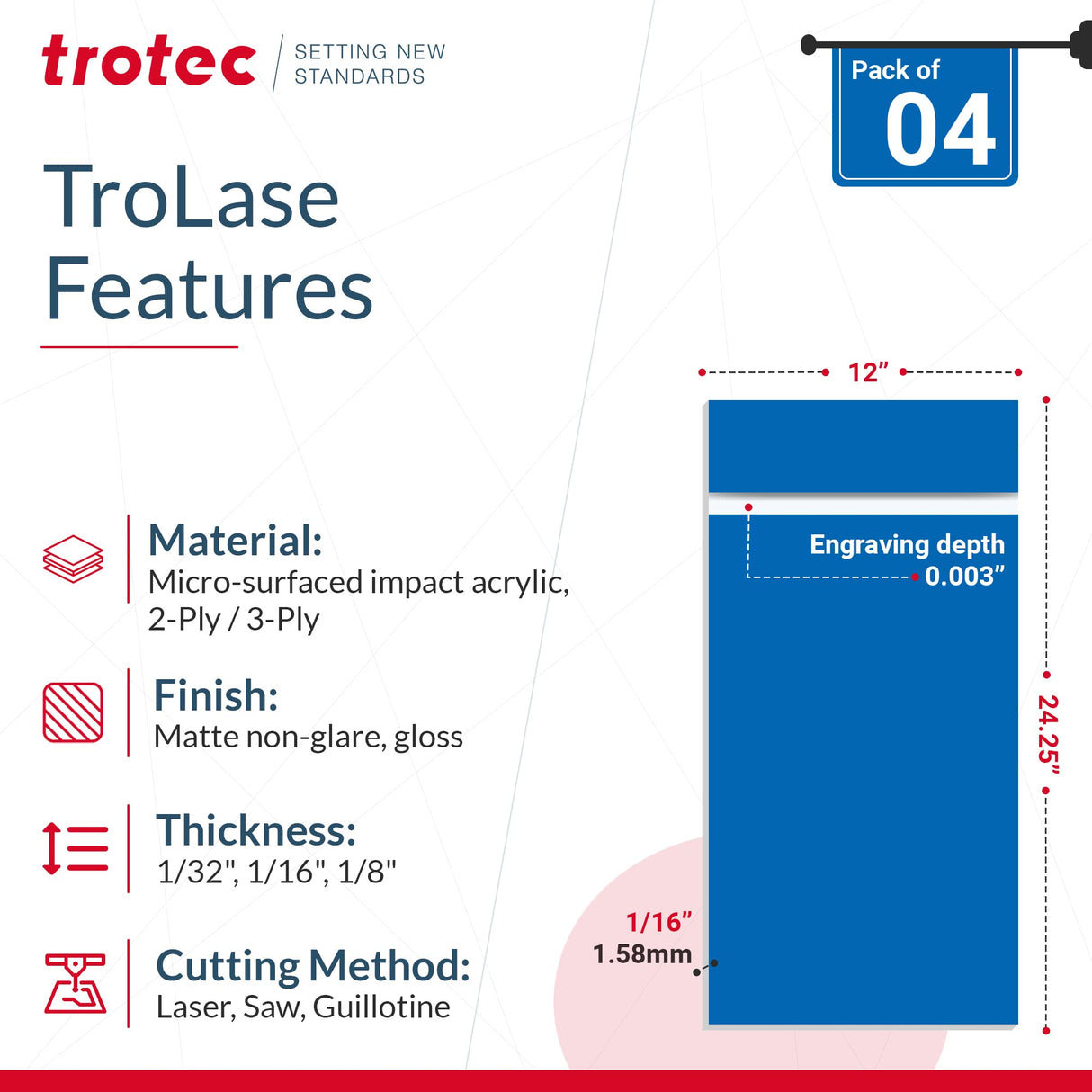 Trotec TroLase | 12"x24.25" x1/16", 4 Pcs | Sapphire/White | 2 Ply | Modified Acrylic | Laser Engraving Double Color Plastic Sheet | Engraving Blanks TROTEC