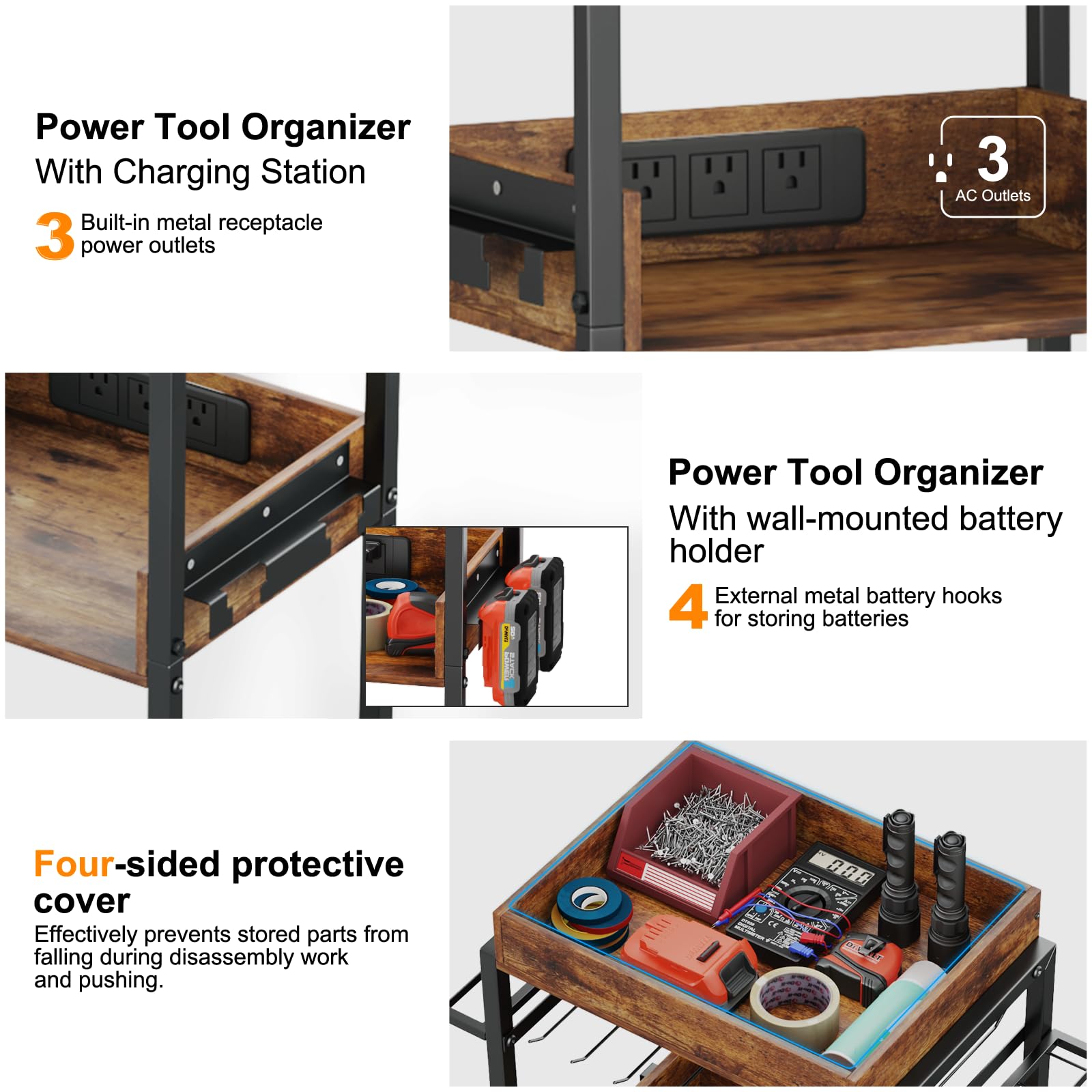 KAKSEY Tool Cart Organizer, Rolling Power Tool Storage with Charging Station Garage Tool Box Organizers on Wheels Heavy Duty Mechanic Utility Cart - WoodArtSupply