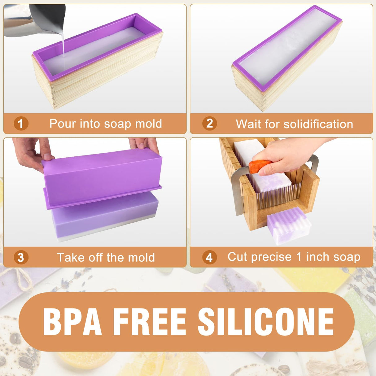 Walfos Soap Mold for soap Making, Soap Making kit - 42 oz Silicone Loaf soap Mold Set with Rectangular Wood Box & Bamboo Cutter Measuring Box, 2 Walfos