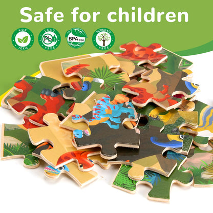 Wooden Puzzles Dinosaur Toys for Kids Ages 3-5, Set of 4 Packs with 24-Piece Wood Jigsaw Puzzles, Preschool Educational Brain Teaser Boards for Boys