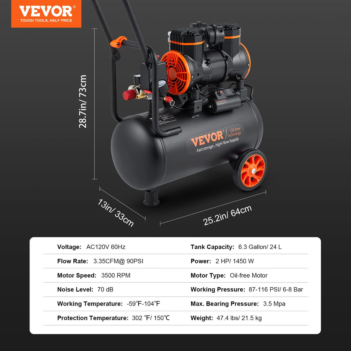 VEVOR 6.3 Gallon Air Compressor, 2 HP 3.35 CFM@ 90PSI Oil Free Air Compressor Tank & Max. 116PSI Pressure, 70 dB Quiet Compressor for Auto Repair, VEVOR