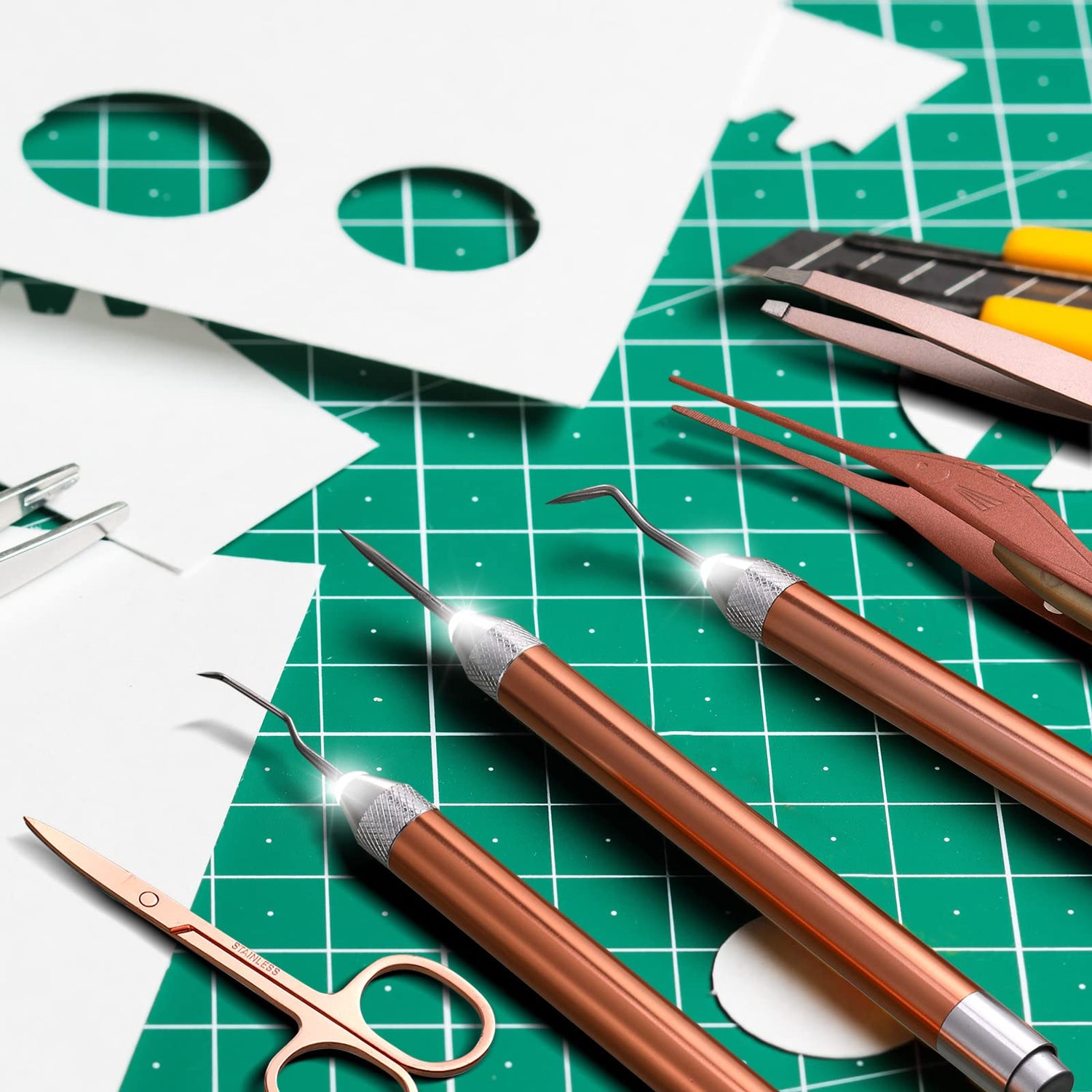 Therwen 6 Pcs Weeding Tools Set Weed Removal Tool Kit LED Tweezers Pin Hook Scissors for Vinyl Paper Projects Crafting DIY Therwen