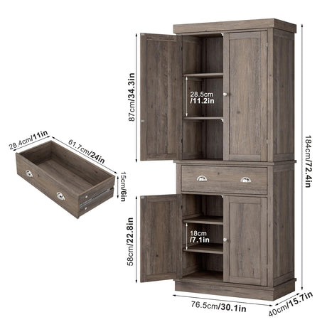 FOTOSOK 72" Kitchen Pantry Storage Cabinets with Drawer, Freestanding Cupboard with 4 Doors, Drawer, 4 Shelves, Utility Pantry Cabinet for Kitchen, FOTOSOK