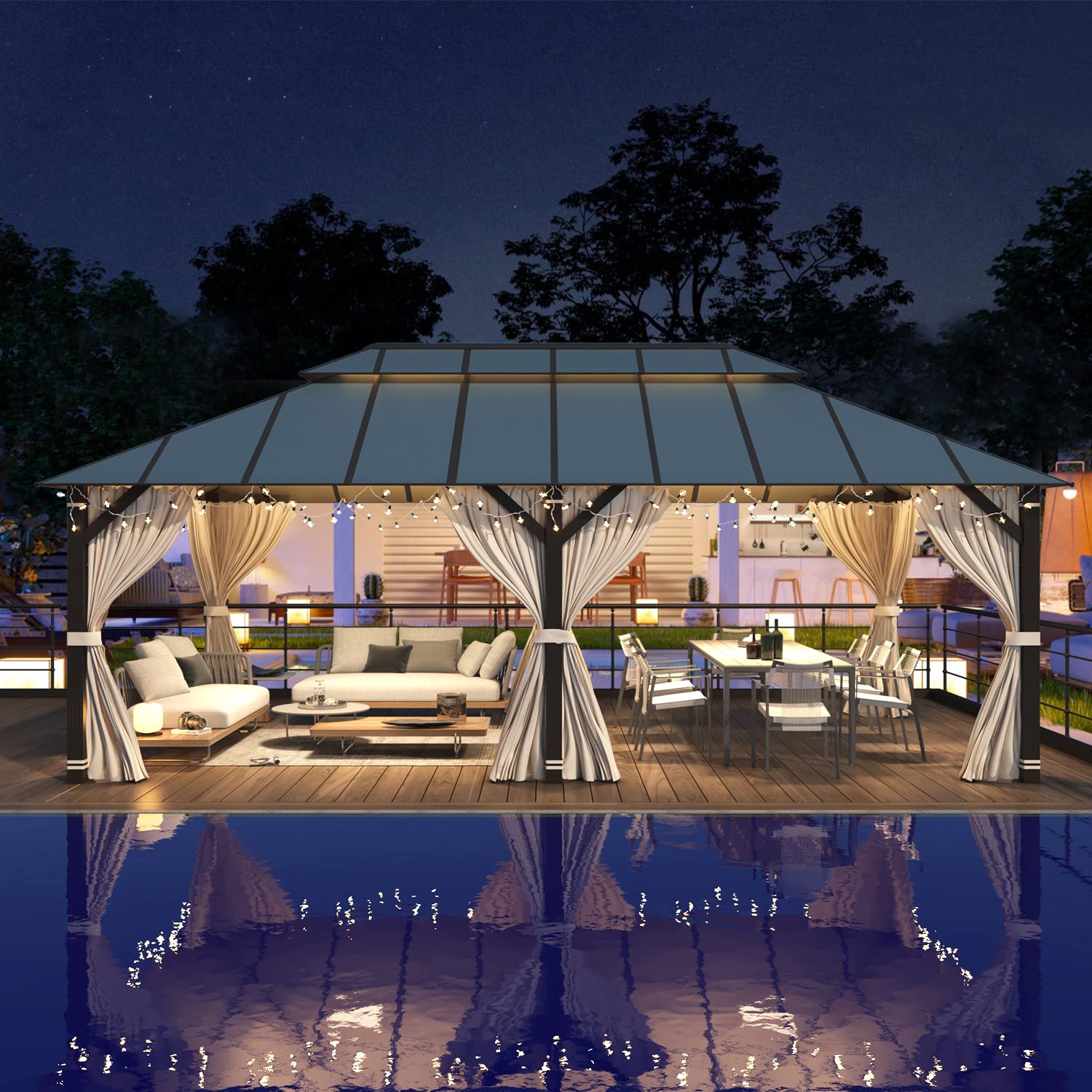 MELLCOM 12x20FT Hardtop Gazebo, Permanent Outdoor Aluminum Patio Gazebo with Aluminum Composite Double Roof for Patio Lawn and Garden, Curtains and MELLCOM