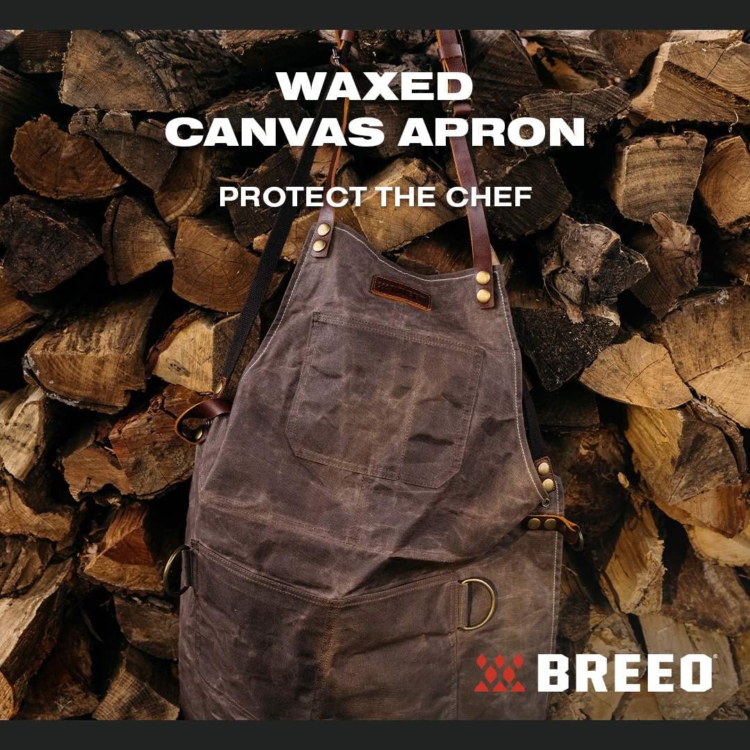 Breeo Waxed Canvas Apron | Leather Straps | D Rings & Pockets | Adjustable Straps Breeo