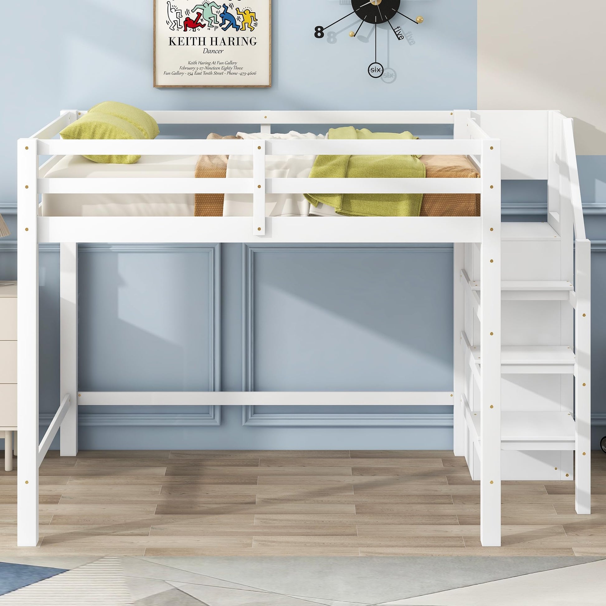 Harper & Bright Designs Full Size White Loft Bed with Stairs and Storage Wardrobe for Kids, Teens, and Adults - WoodArtSupply