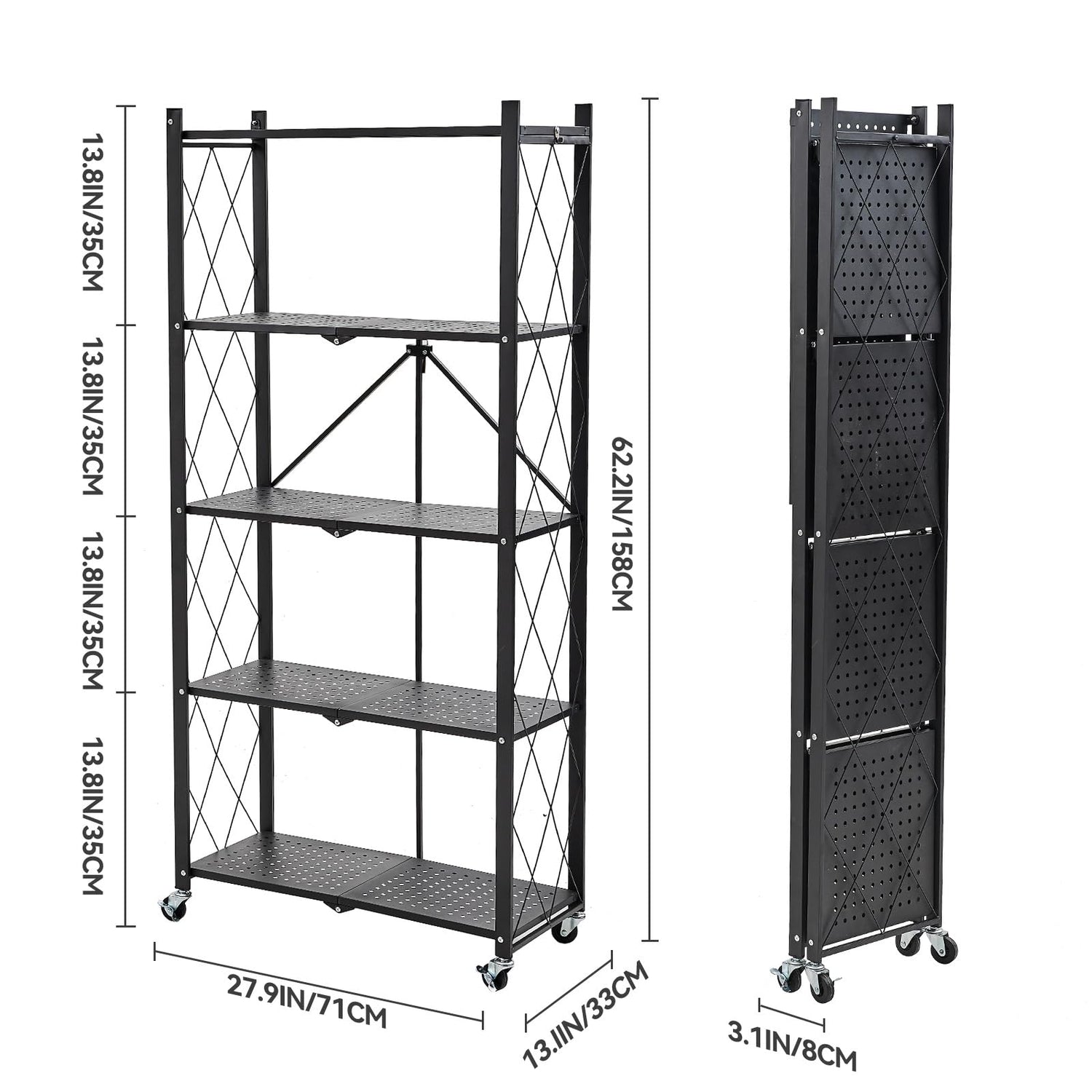 BRIAN & DANY 5-Tier Foldable Storage Shelves with Wheels, Folding Metal Rack Shelving Unit, Heavy Duty No Assembly Organizer Shelf for Garage, BRIAN & DANY