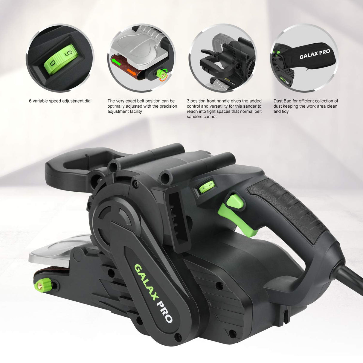 GALAX PRO 8 Amperes Belt Sander 120-380RPM with Variable Speed Settings, 5 Pieces Sanding Belts(3x21 Inch) and Dust Bag for Stock Removal GALAX PRO