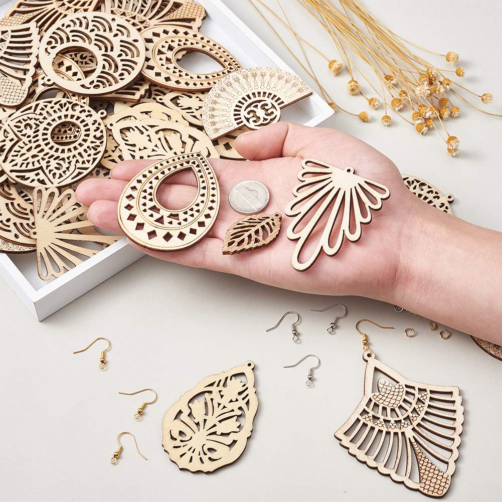 Pandahall 1 Box Natural Wood Dangle Earrings Kit with 48pcs Unfinished Wooden Filigree Earrings Pendants Blank with Stainless Steel Jump Rings and PH PandaHall
