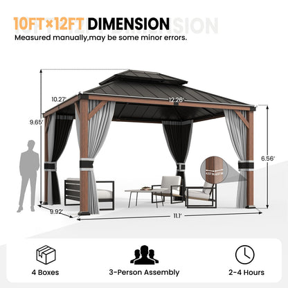 Amopatio 10' X 12' Wood Gazebo, Hardtop Gazebos with Galvanized Steel Double Roof, Outdoor Permanent Metal Aluminum Gazebo for Patio Deck Backyard