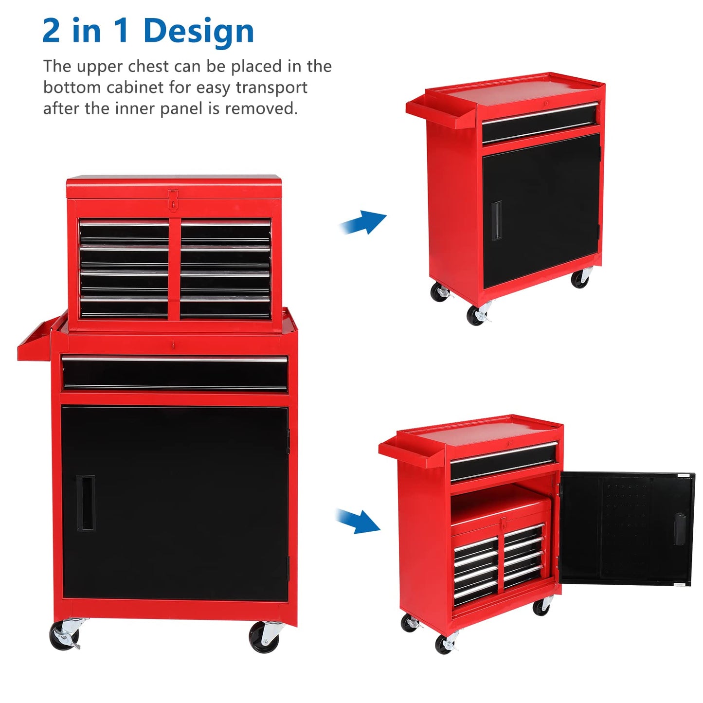 TUFFIOM 5-Drawer Rolling Tool Chest Storage Cabinet w/Drawers, Wheels, Detachable Top & Adjustable Shelf, Mechanic Tool Organizer Box for Garage, - WoodArtSupply