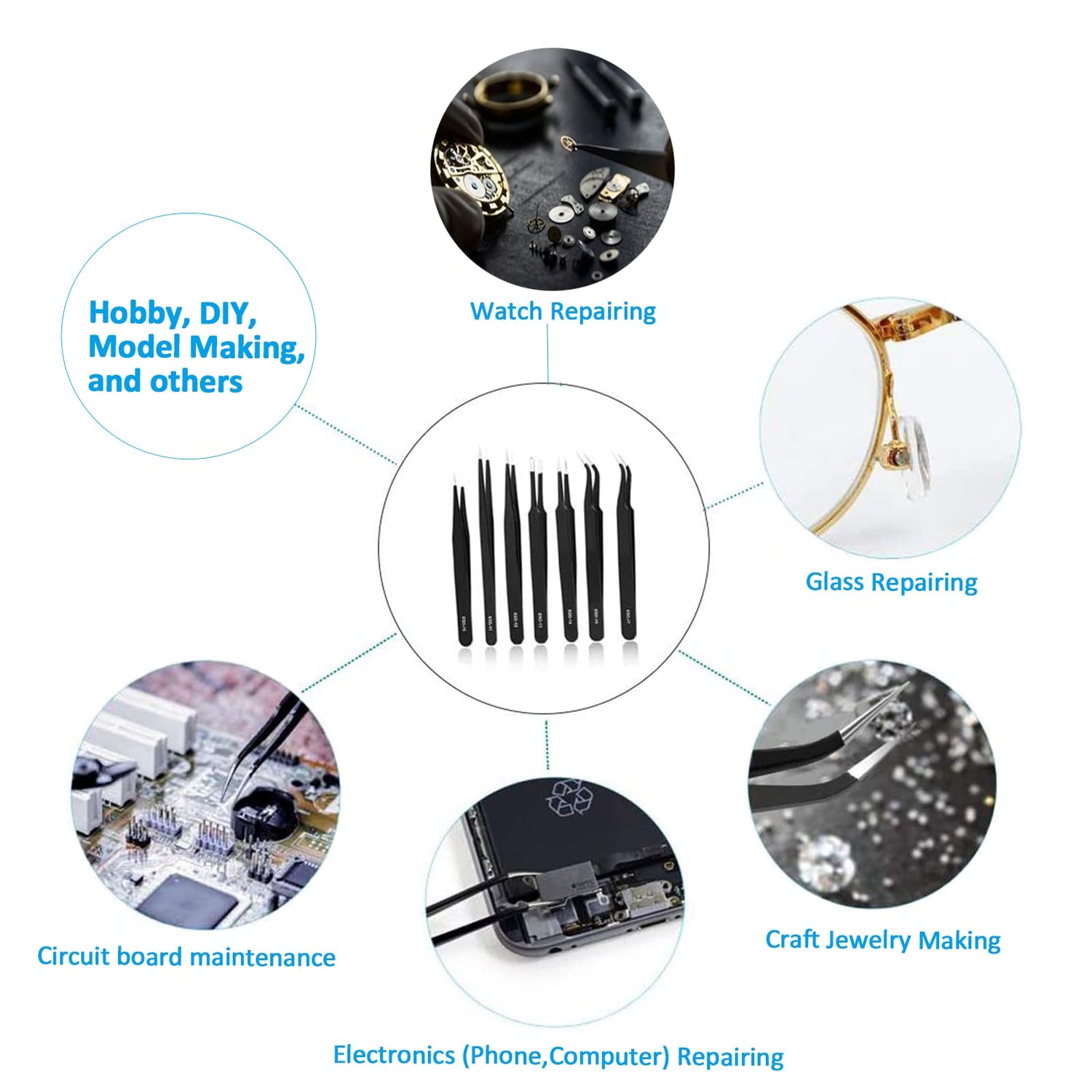 YHYZ 7pcs Precision Tweezers Set, Premium Anti-Static Stainless Steel ESD Tweezers Set Kit for Electronics, Sodlering，Jewelry, Craft, Laboratory YHYZ