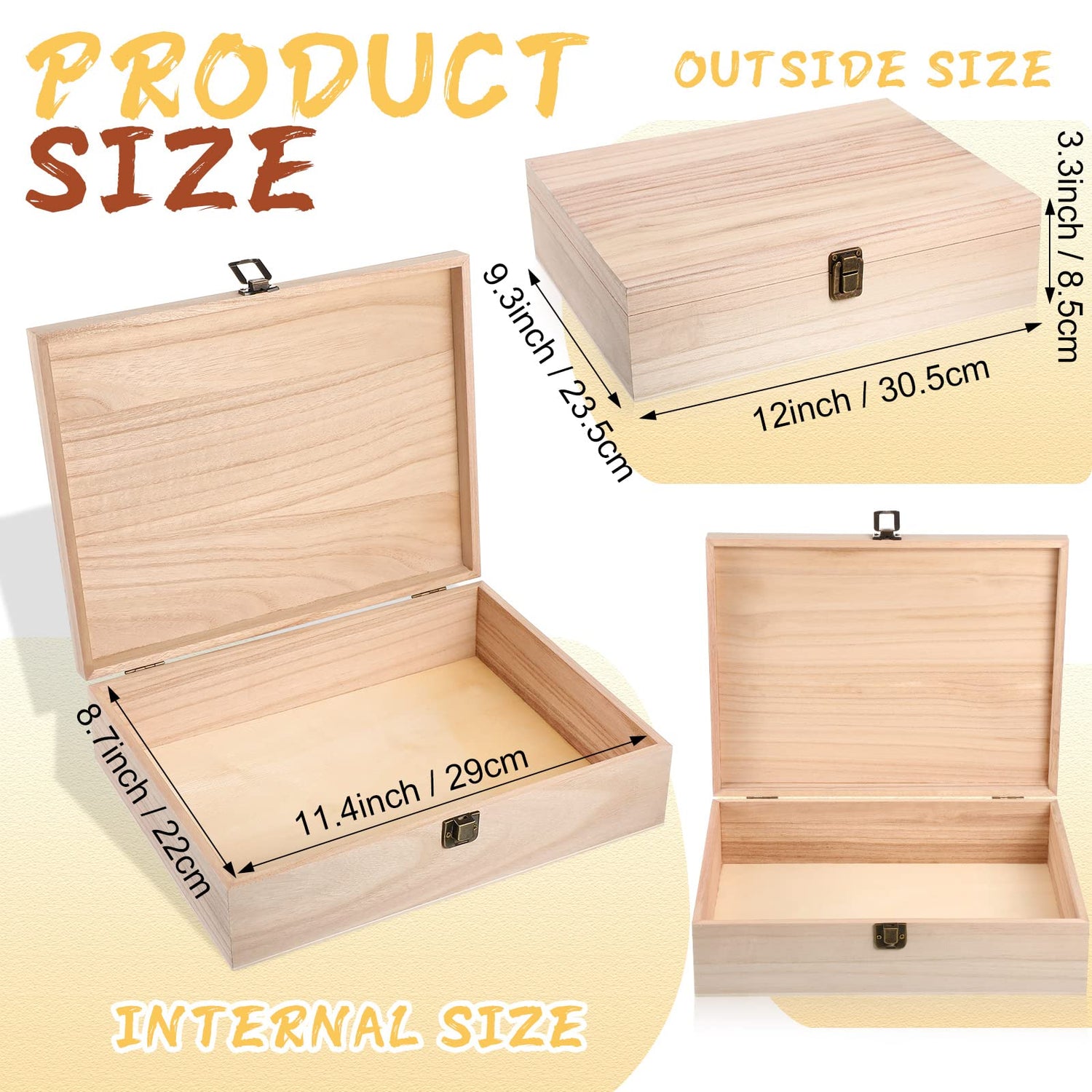 4 Pcs Unfinished Wooden Box with Hinged Lid and Front Clasp Rectangle Wood Box Wooden Storage Box Keepsake Box Natural DIY Craft Stash Boxes for Gift Yookeer