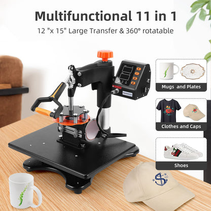 PIONEERWORKS Heat Press Machine 11 in 1 Professional Sublimation Machine 12" X 15", 360° Swing Away Shirt Printing Heat Transfer Machine Digital - WoodArtSupply