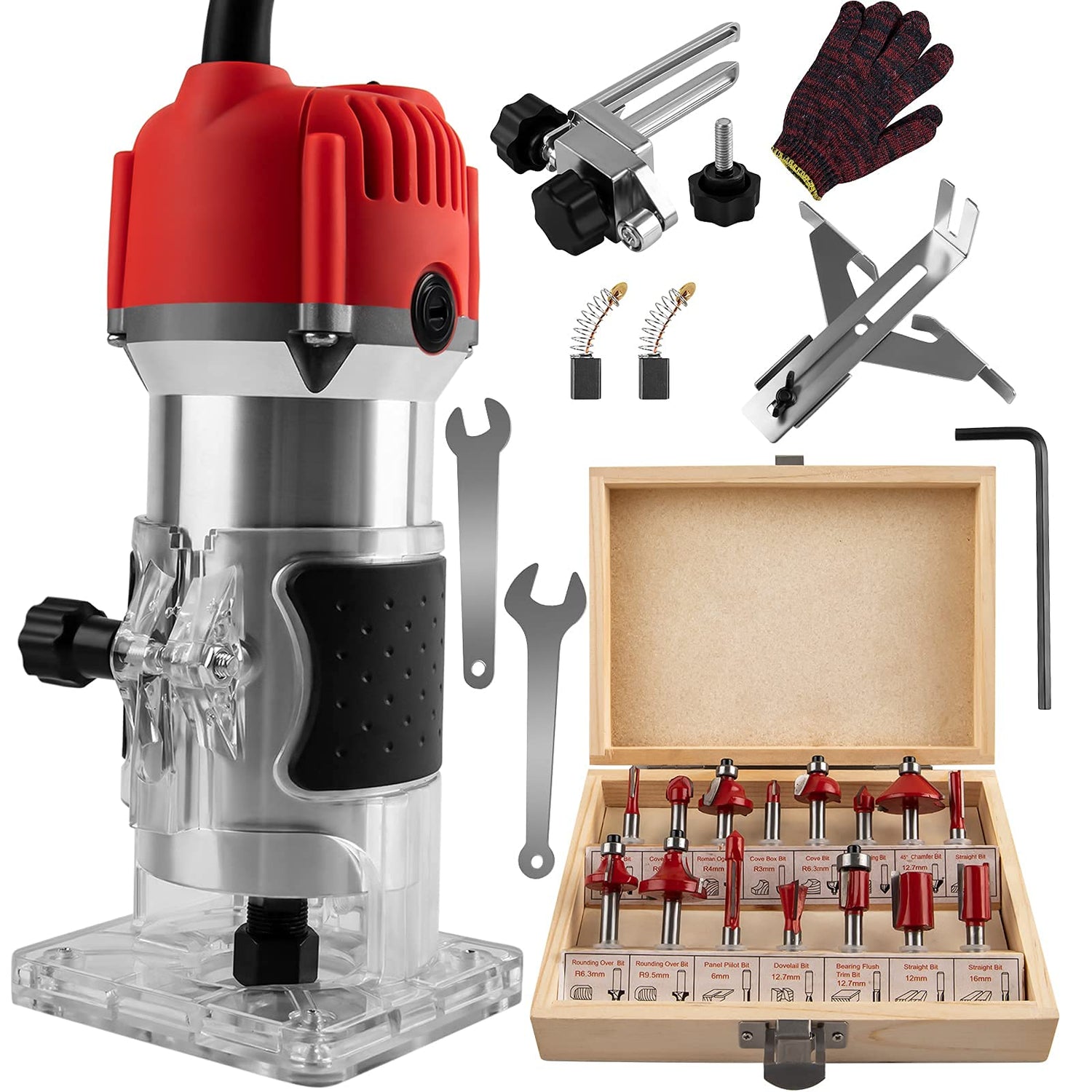 Compact Wood Router Tool 110V Electric Hand Woodworking Trimmer Palm Router kit with Gloves 15 PCS Router Bits (800W) WWahuayuan