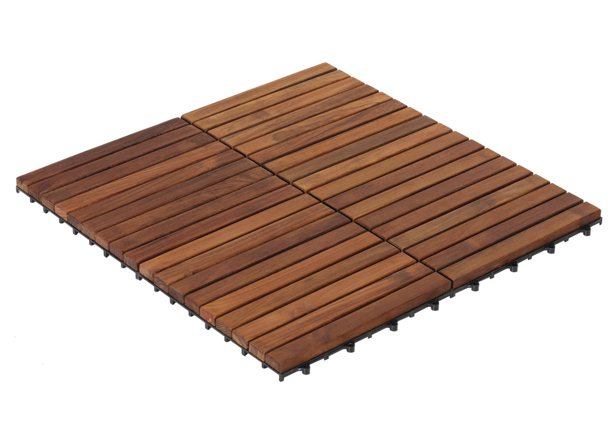 Bare Decor EZ-Floor Interlocking Flooring Tiles in Solid Teak Wood Oiled Finish (Set of 10), Long 9 Slat Bare Decor