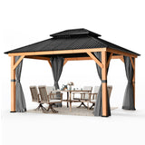 HAPPATIO 11' × 13' Wood Gazebo, Outdoor Hardtop Gazebo with Mosquito Netting and Curtains, Double Metal Roof Patio Gazebo Hard Top Gazebo for Garden, HAPPATIO