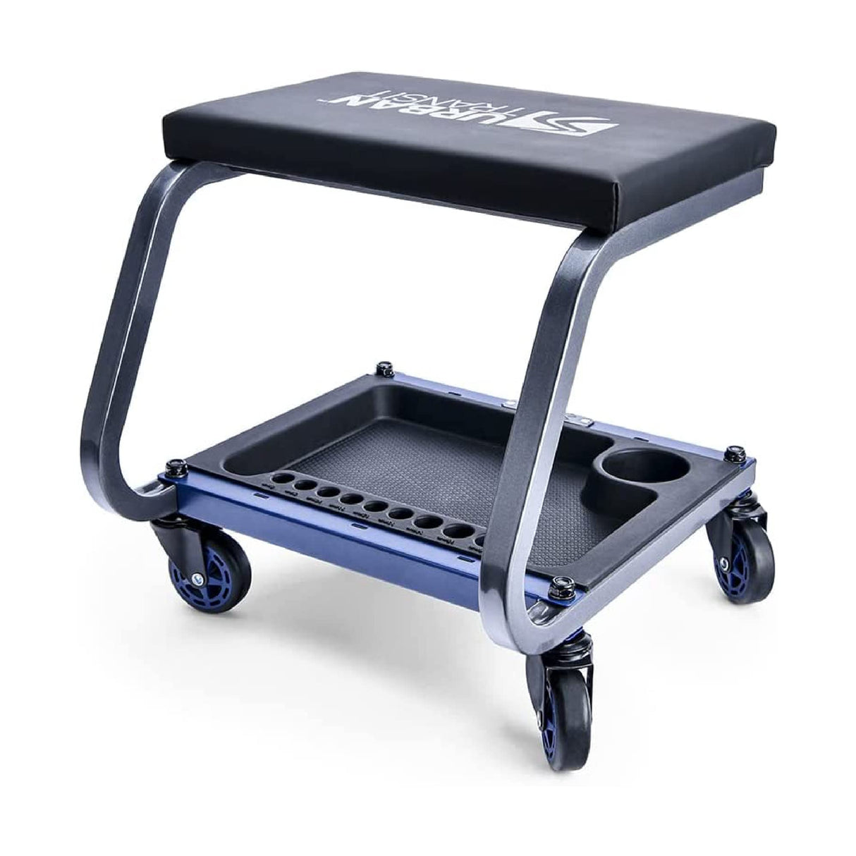 URBANTRANSIT FastBack Shop Stool - 350 Lb Capacity Rolling Stool for The Garage and Workshop, With Organizer Tray and Cupholder - 3 Inch Premium URBANTRANSIT