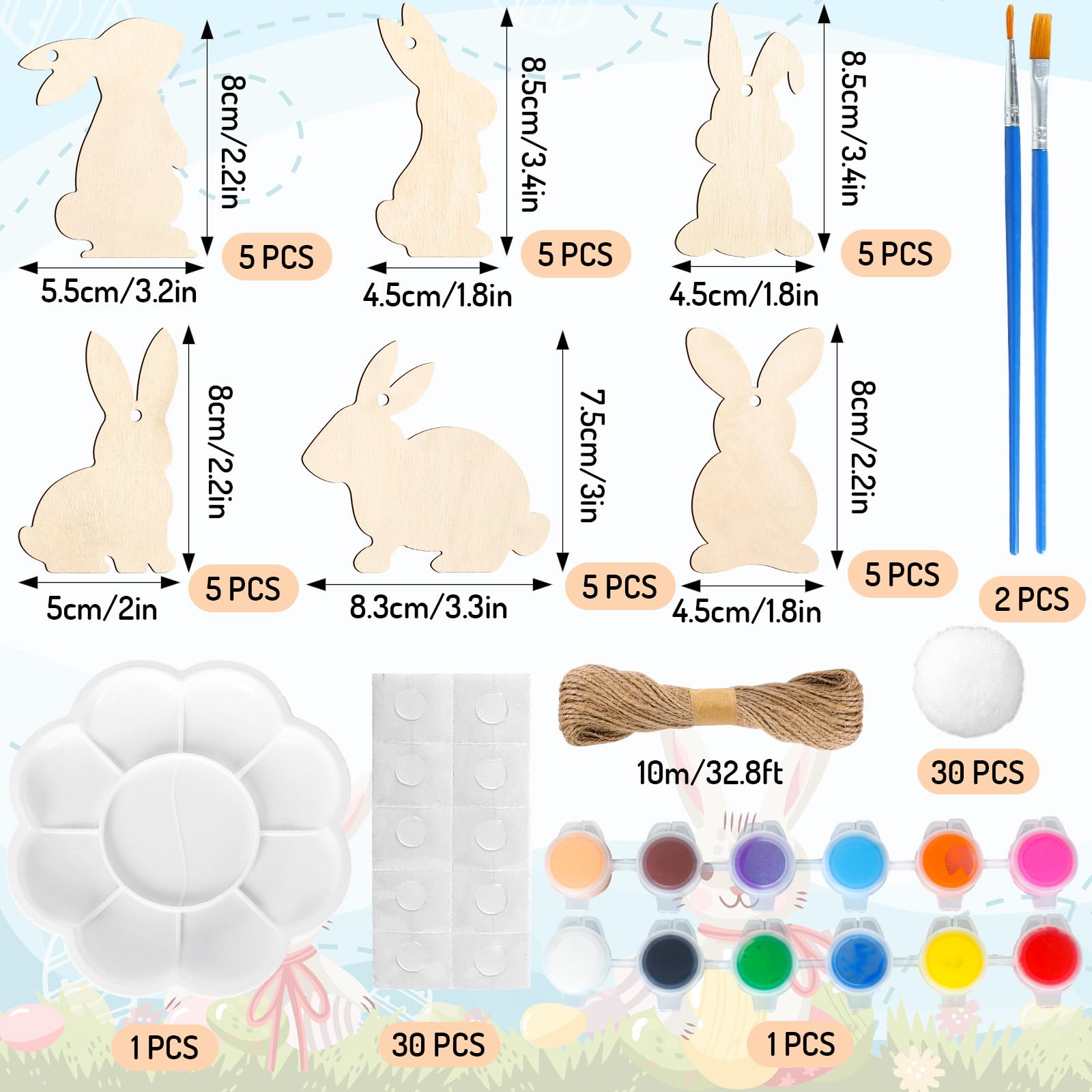 Whaline 30Pcs Easter DIY Crafts Sets Unfinished Wood Bunny Cutouts with Paints Brushes Palette Felt Balls Ropes Glue Points Spring Rabbit Wood - WoodArtSupply