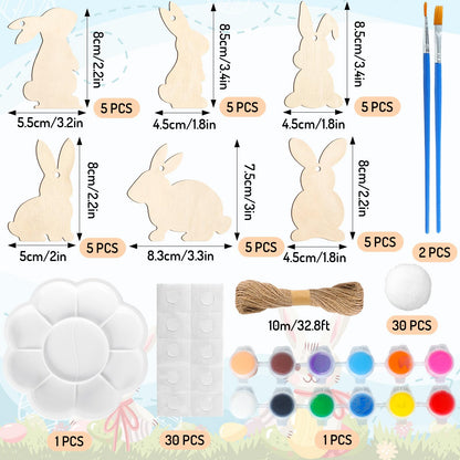 Whaline 30Pcs Easter DIY Crafts Sets Unfinished Wood Bunny Cutouts with Paints Brushes Palette Felt Balls Ropes Glue Points Spring Rabbit Wood - WoodArtSupply