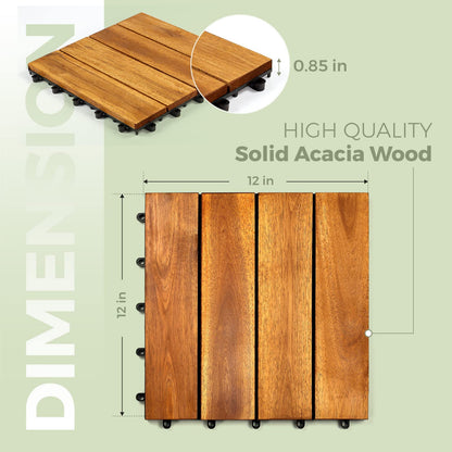 Interlocking Deck Tile (Pack of 10, 12"x12") Acacia Hardwood Deck Tile, Interlocking Patio Tile in Solid Acacia Wooden Oiled Finish Waterproof All