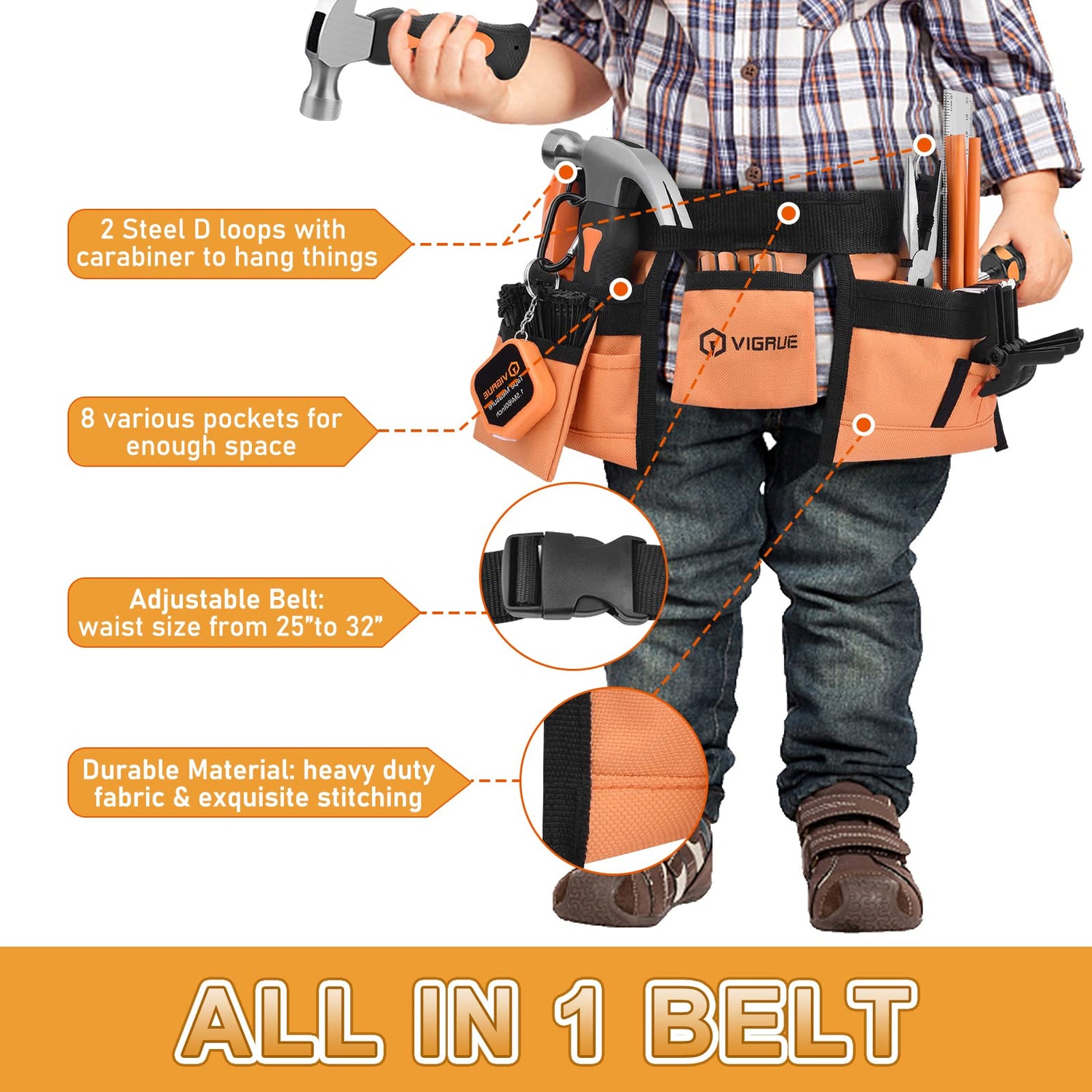 VIGRUE 𝐊𝐢𝐝𝐬 𝐓𝐨𝐨𝐥 𝐒𝐞𝐭, Children Gift Present Real Hand Tools Kit with Belt and Bag, Boy Builder Small Learning Accessories Construction Hammer VIGRUE