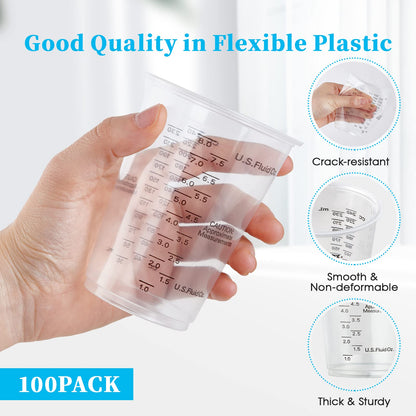 100 PACK Plastic Measuring Cups, 8 oz Disposable Mixing Cups with 100 Wooden Mixing Sticks, Can Be Used for Epoxy Resin, Liquid Measuring, Paint