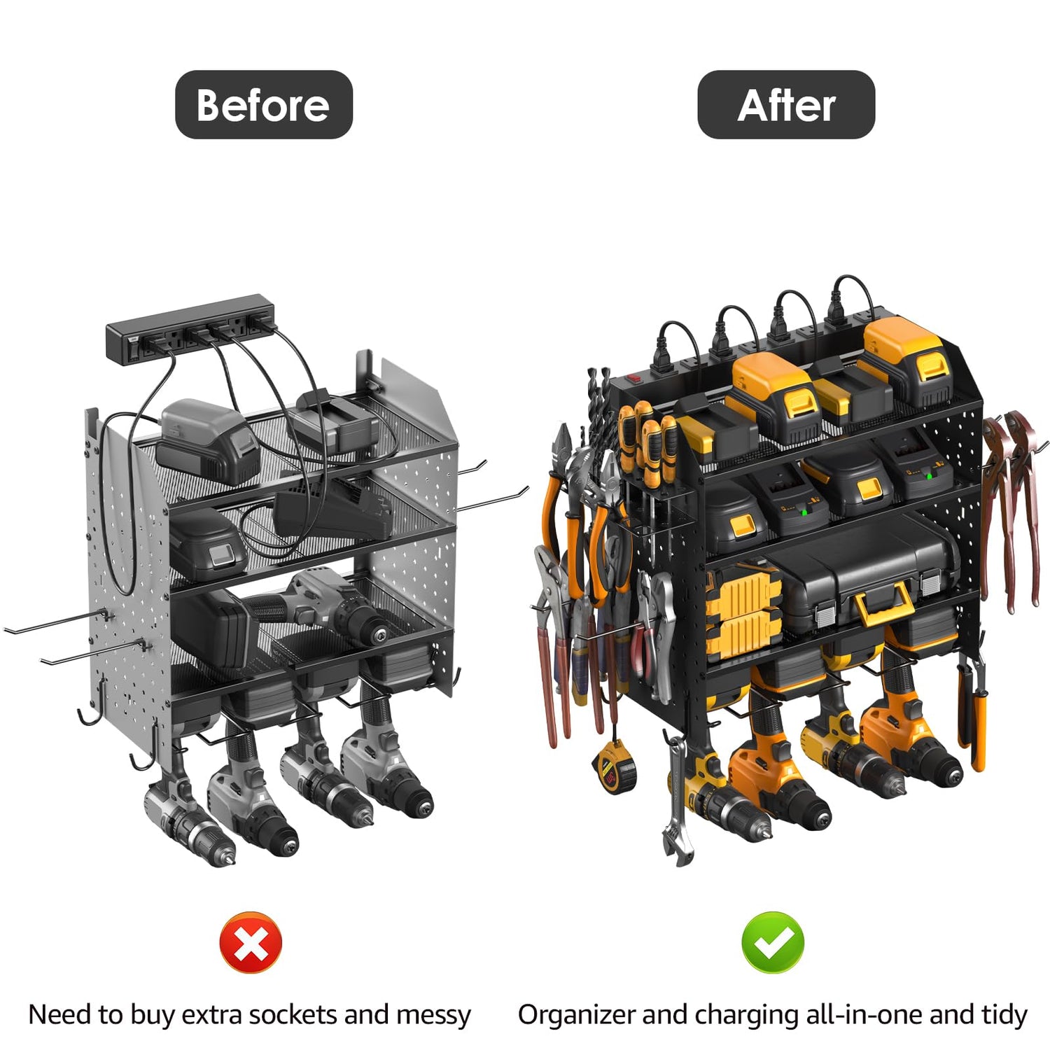 CCCEI Modular Pegboard Rack Power Tool Organizer with Charging Station. 4 Layer Wall Mount Drill Holder, Mechanic Tool Battery Charger Organizer. CCCEI