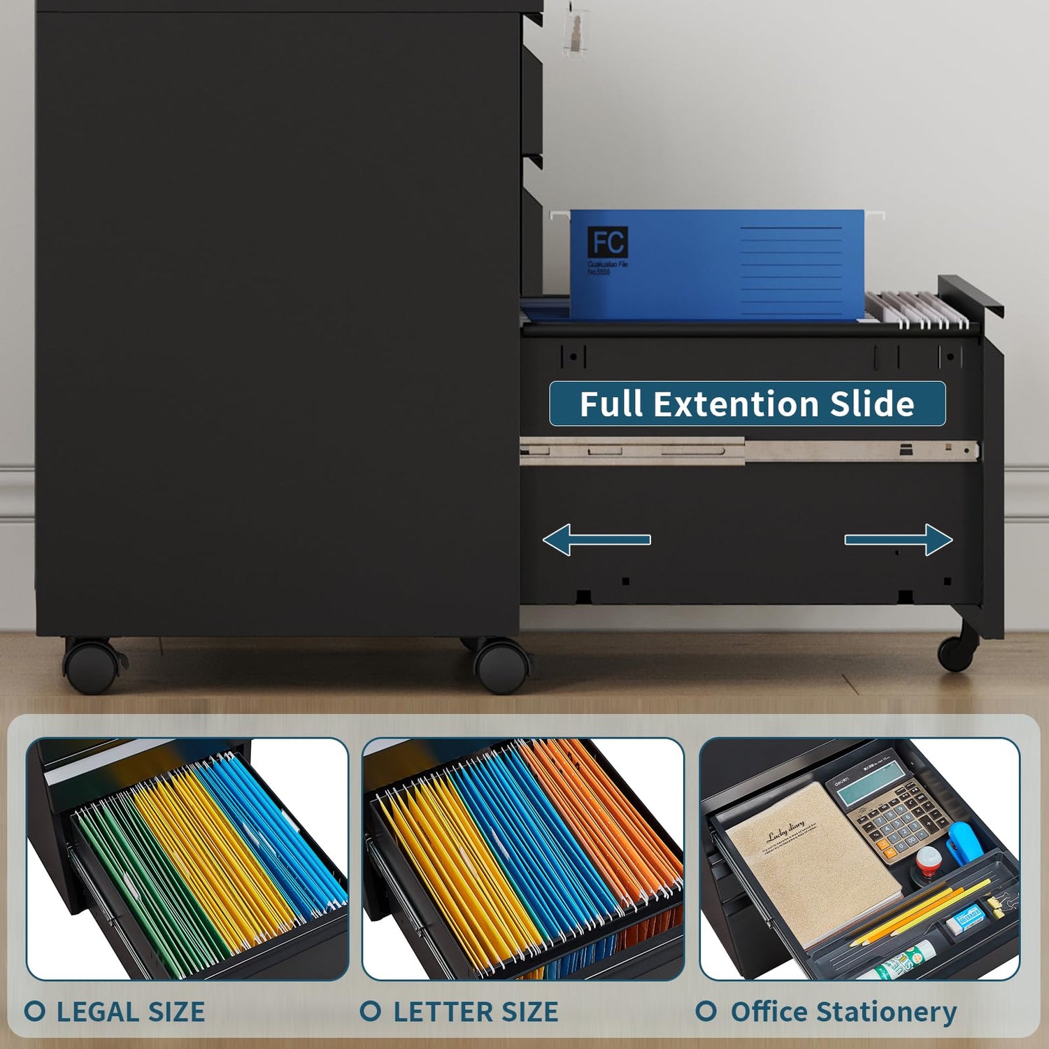 MIIIKO File Cabinet 3 Drawers on Wheels Under Desk, Metal Rolling File Cabinets with Lock for Home Office, Unassembled MIIIKO