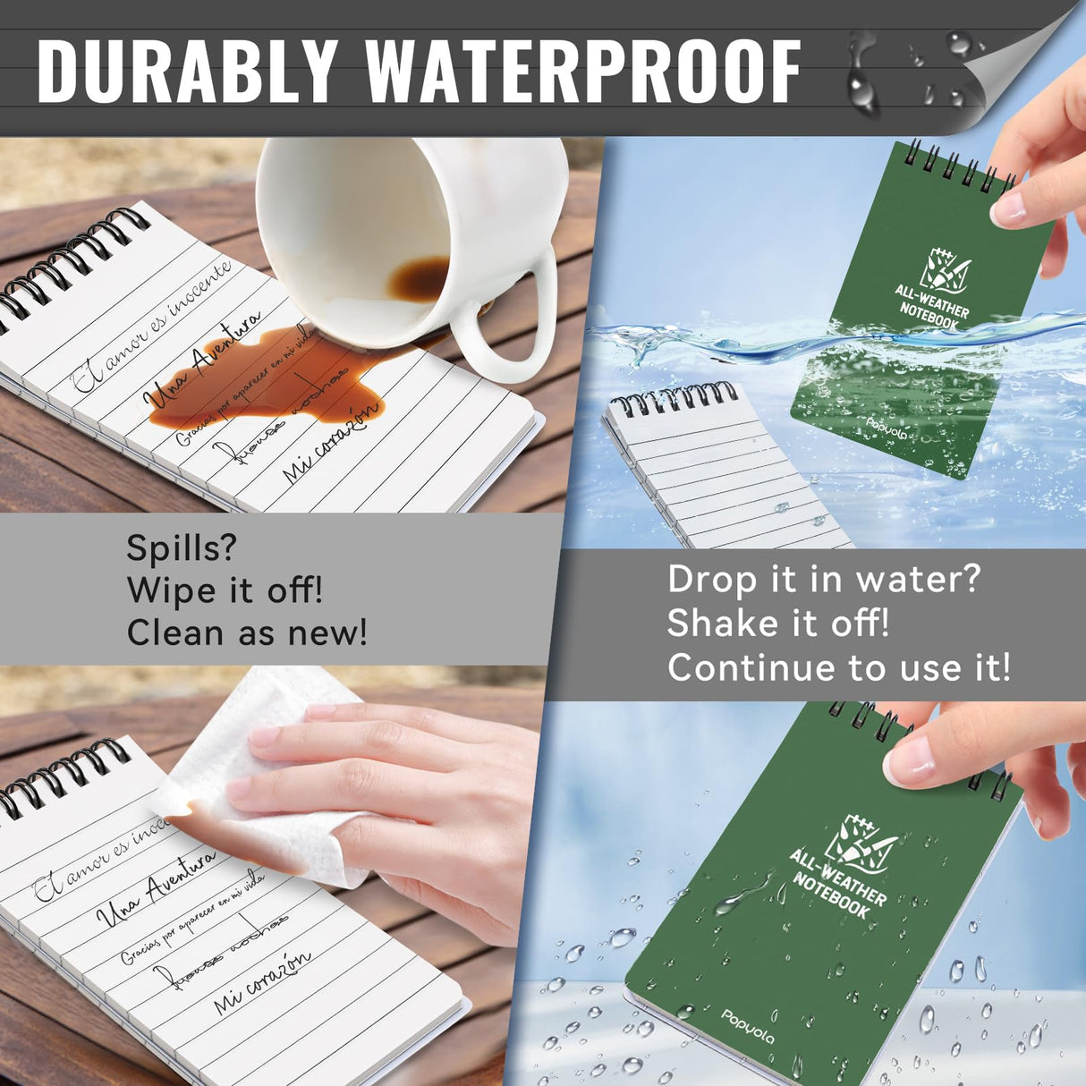 POPYOLA Waterproof Pocket Notebook, All Weather 3x5 Pocket Notepads with Lined Pages, Small Top Spiral Notebook Little Mini Memo Steno Note Pads for POPYOLA