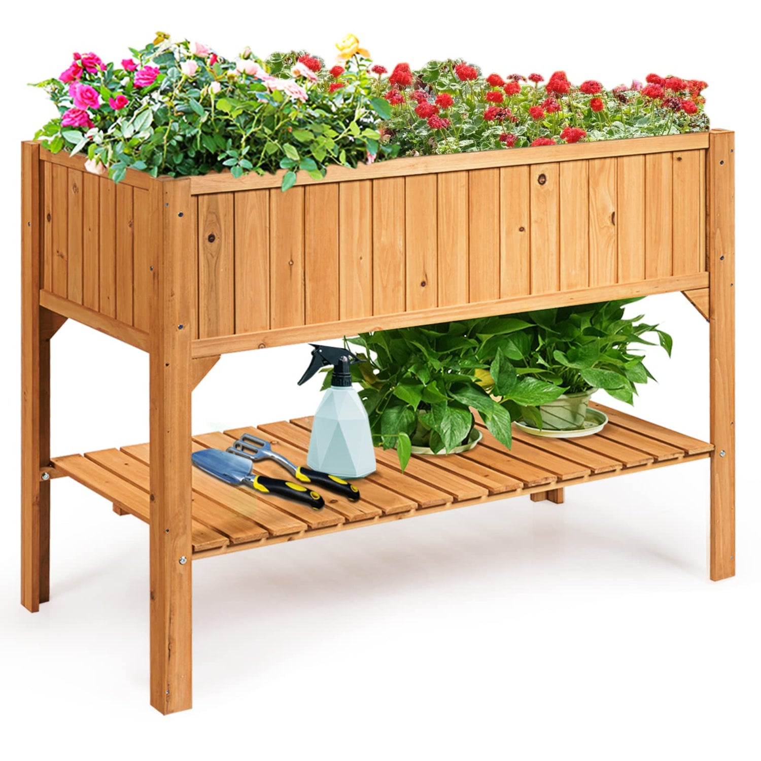 COSTWAY Raised Garden Bed, Wood Planter Box with Storage Shelf and for Vegetables, Flowers & Herbs, 2-Tier Elevated Garden Planter Bed for Backyard, COSTWAY