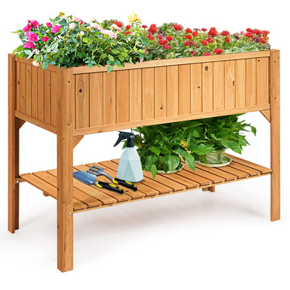 COSTWAY Raised Garden Bed, Wood Planter Box with Storage Shelf and for Vegetables, Flowers & Herbs, 2-Tier Elevated Garden Planter Bed for Backyard, - WoodArtSupply