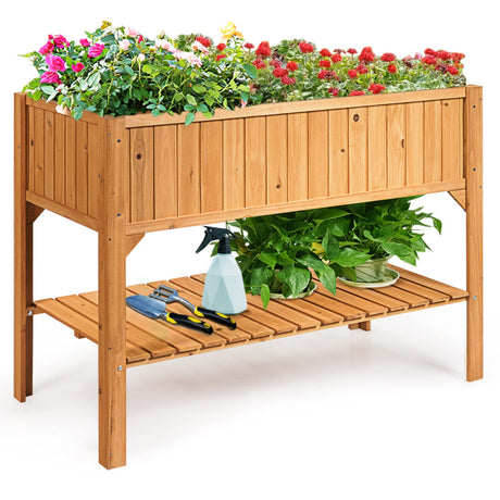 COSTWAY Raised Garden Bed, Wood Planter Box with Storage Shelf and for Vegetables, Flowers & Herbs, 2-Tier Elevated Garden Planter Bed for Backyard, COSTWAY