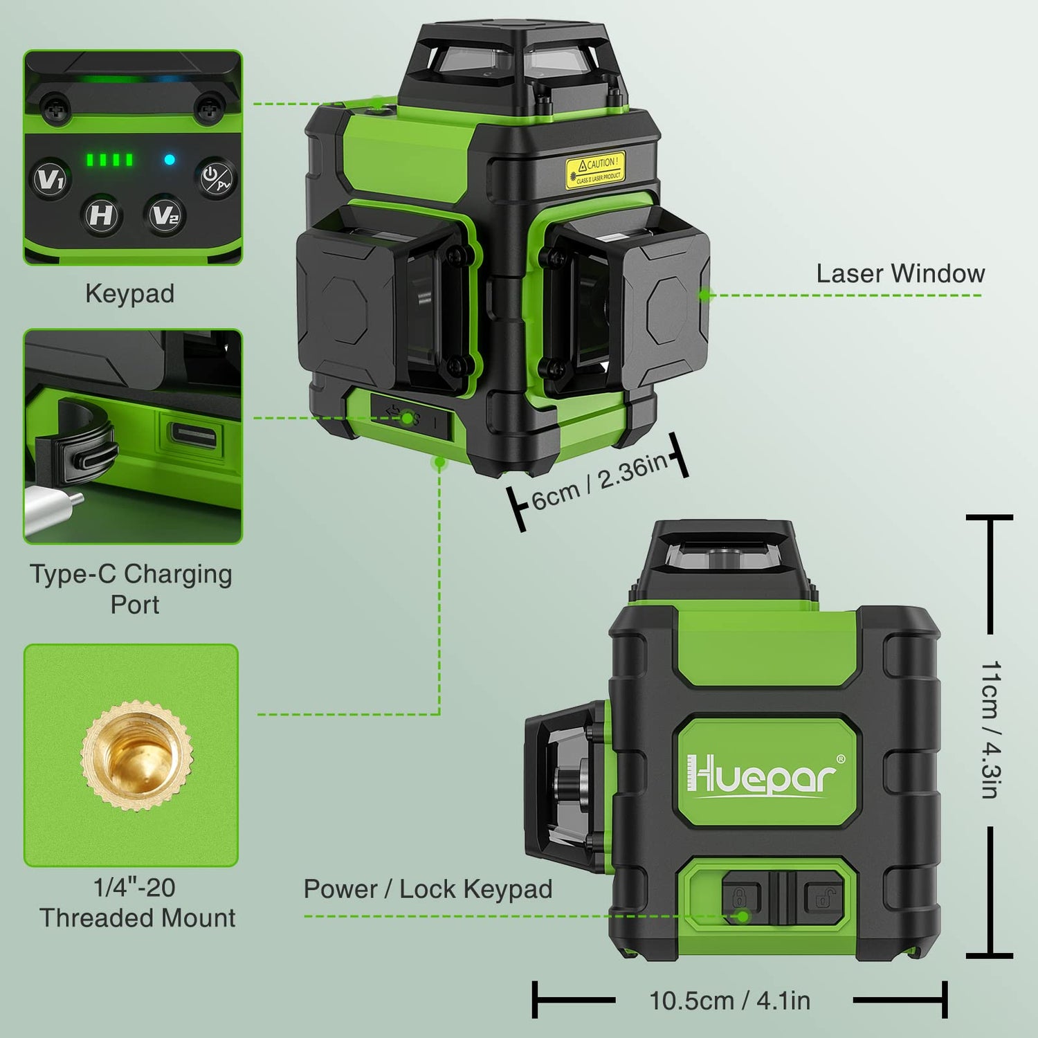 Huepar 3x360 Green Cross Line Laser Level with Pulse Mode, Li-ion Battery, Hard Case Huepar