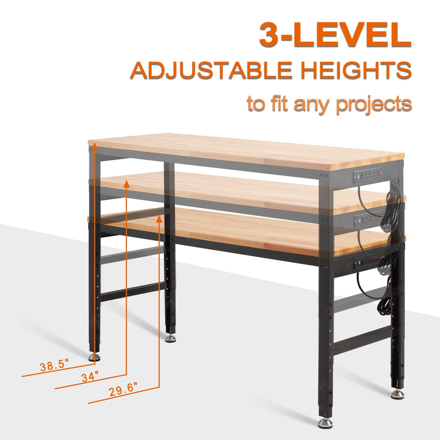 Haddockway Adjustable Workbench for Garage, 60" x 22" Rubber Wood Top Work Bench with Power Outlets, Max 2000 Lbs Load Capacity Heavy Duty