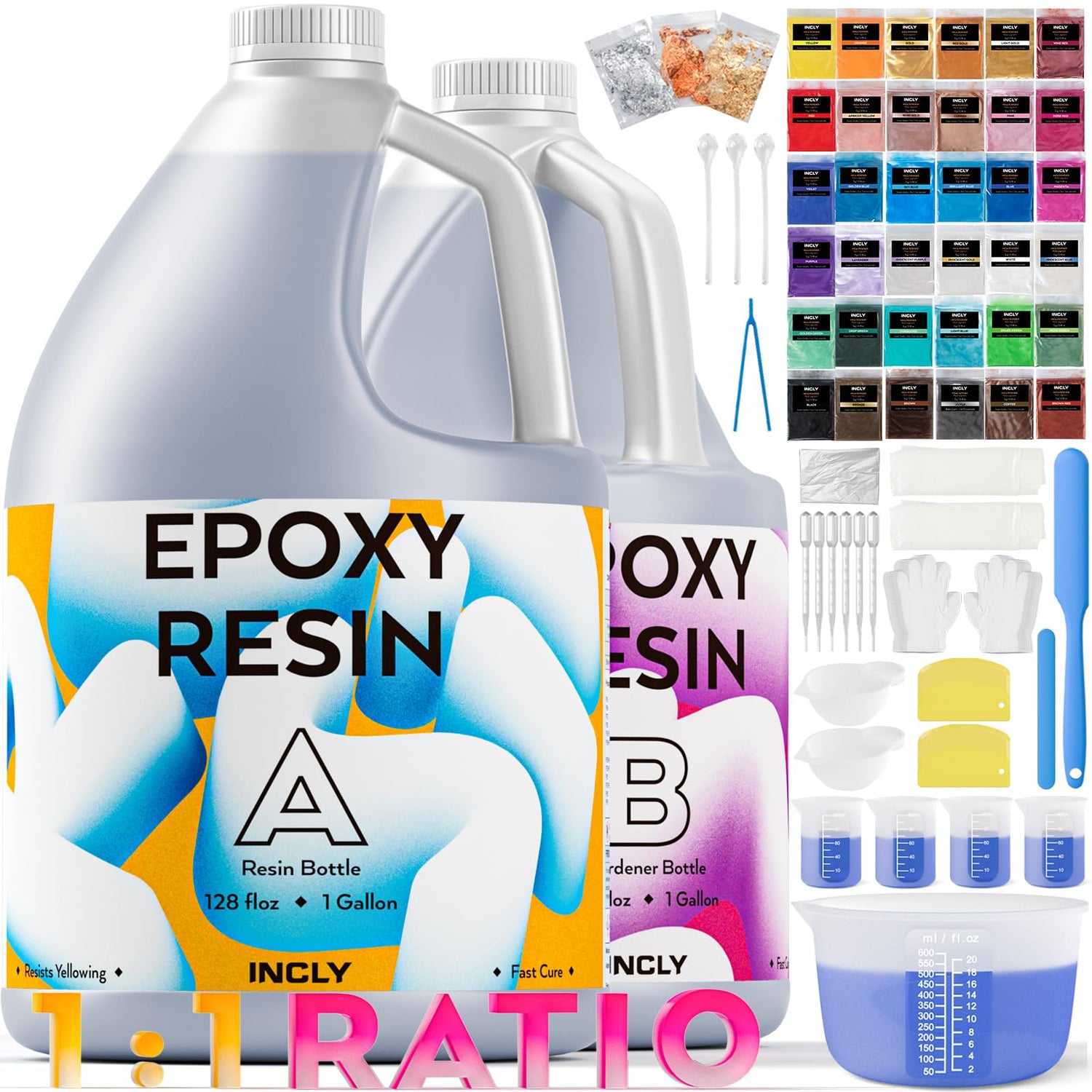 INCLY 2 Gallon Crystal Clear Epoxy Resin Kit, Casting & Coating Resin Supplies for Jewelry Making, River Table Tops, Art Painting, with 36 Colors INCLY