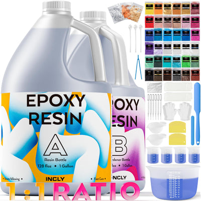 INCLY 2 Gallon Crystal Clear Epoxy Resin Kit, Casting & Coating Resin Supplies for Jewelry Making, River Table Tops, Art Painting, with 36 Colors