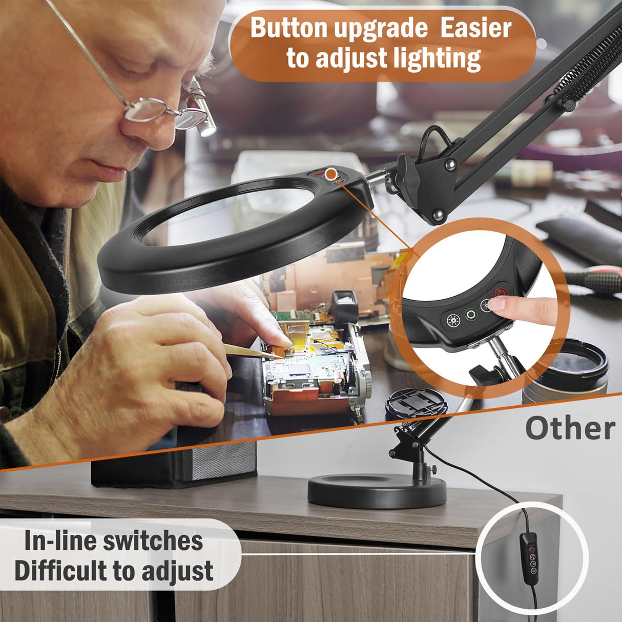 Veemagni 10X Magnifying Glass with Light, 5 Color Modes Stepless Dimmable 2-in-1 Desk Lamp and Clamp, LED Lighted Magnifier with Light and Stand, Veemagni