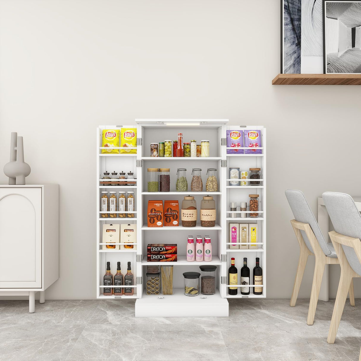 Locsear Kitchen Pantry Storage Cabinet w/LED, 50" Pantry Cabinets w/Doors and Shelves, Freestanding Pantry Cupboard for Kitchen, Dinning Room, Living Locsear