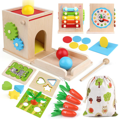 8-in-1 Wooden Montessori Baby Toys, Wooden Play Kit Includes Object Permanent Box, Coin Box, Carrot Harvest, Puzzle, Shape Sorter - Christmas
