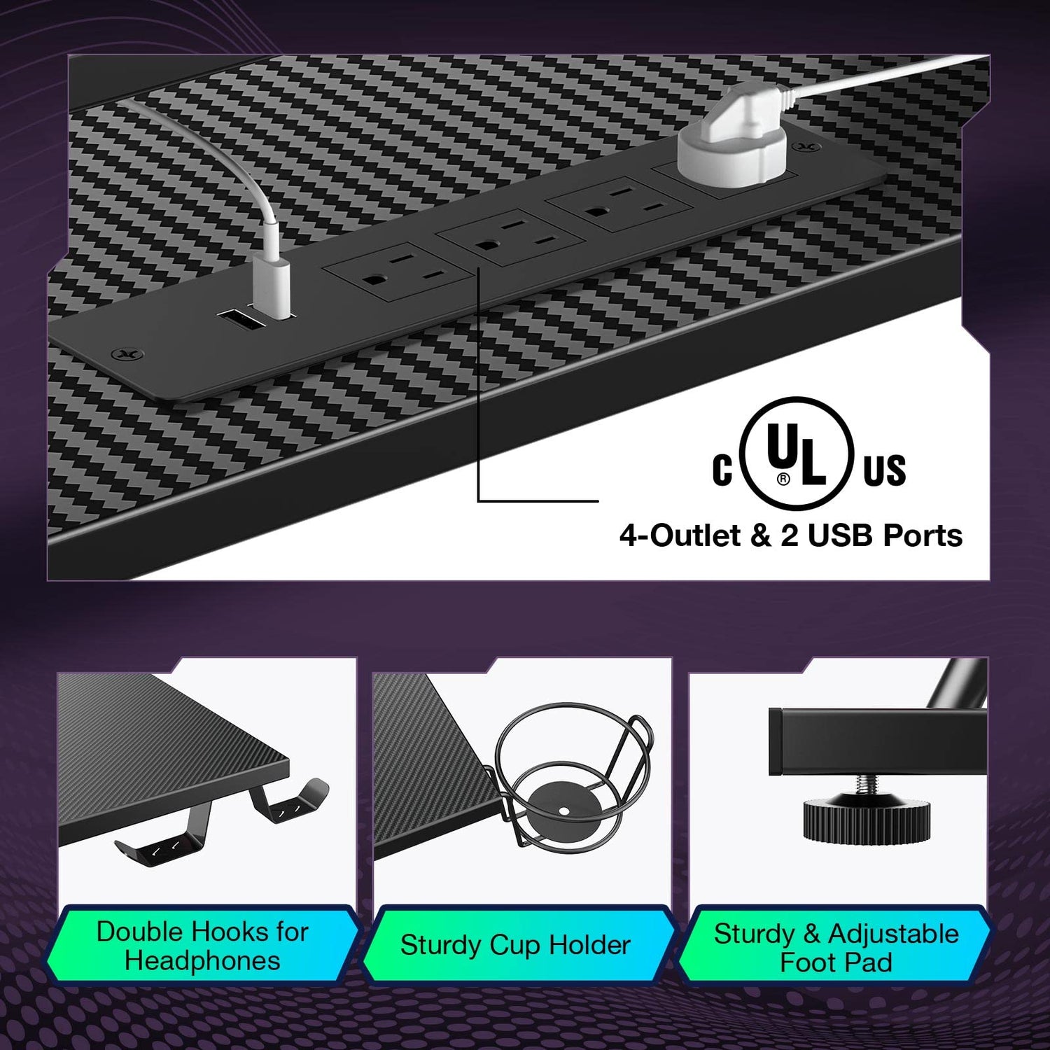 SEVEN WARRIOR L Shaped Gaming Desk with LED Lights & Power Outlets, 50.4” Computer Desk with Monitor Stand & Carbon Fiber Surface, Corner Desk with SEVEN WARRIOR