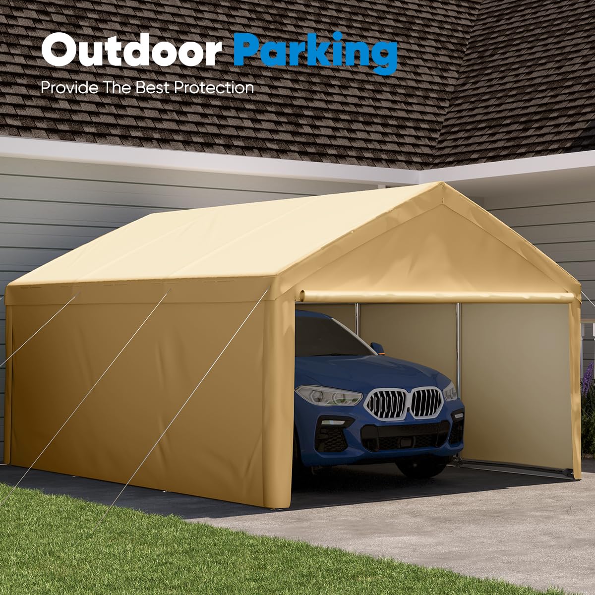 Quictent 13'X20' Heavy Duty Carport Galvanized Car Canopy Garage Outdoor Boat Shelter with Reinforced Frame - Beige - WoodArtSupply