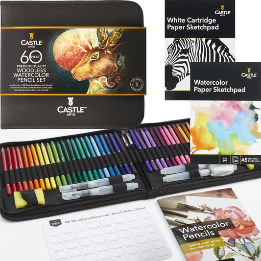 Castle Art Supplies 60 Piece Woodless Watercolor Pencils Set | 48 Solid Pigmented Pencils Plus Extras | All Core, No Wood | For Adult Artists, - WoodArtSupply