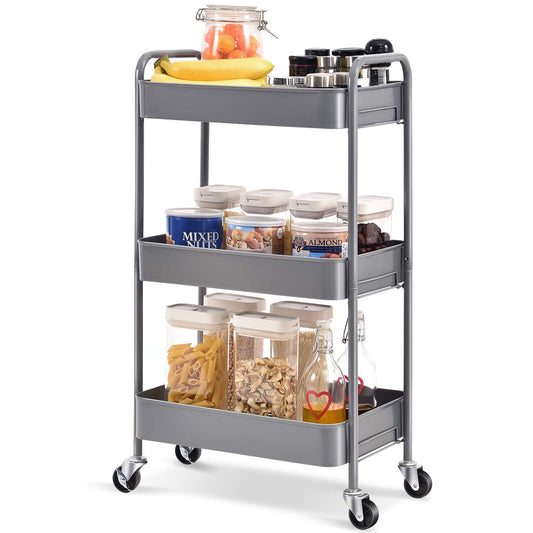 TOOLF 3-Tier Rolling Cart, Metal Utility Cart with Lockable Wheels, Storage Craft Art Cart Trolley Organizer Serving Cart Easy Assembly for Office, - WoodArtSupply