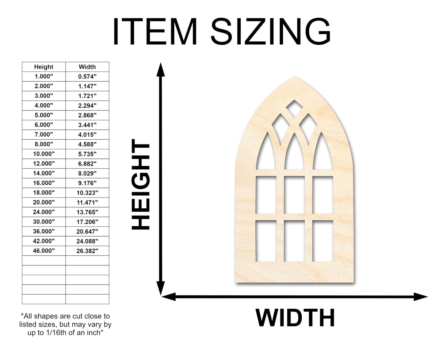 Unfinished Wood Gothic Window Shape | Craft Cutout | up to 24" DIY 6" / 1/4" - WoodArtSupply