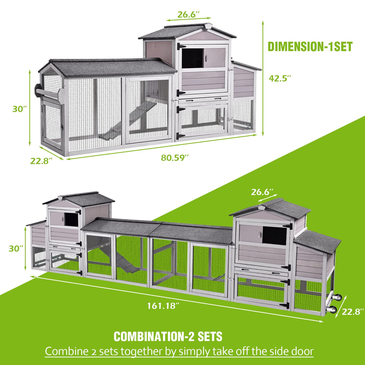 Chicken Coop 80in Mobile Chicken House with Run Portable Wooden Poultry Cage with Nesting Box Rabbit Hutch on Wheels,Movable GUTINNEEN