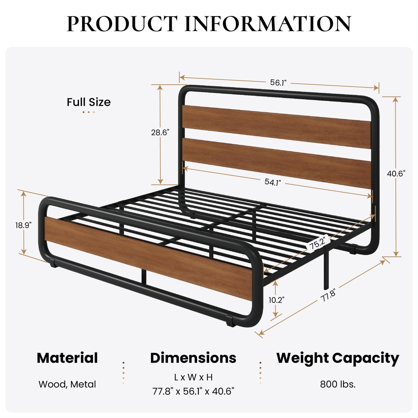 SHA CERLIN Full Size Metal Bed Frame with Wooden Headboard and Footboard, Heavy Duty Platform Frame with Under-Bed Storage, Noise Free, No Box Spring